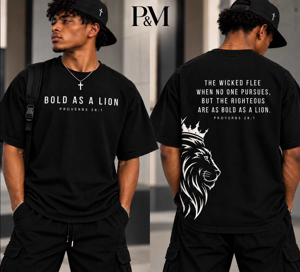 BOLD AS A LION P&M Reserve black tee, front and back