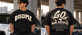 P&M Reserve DISCIPLE men's black tee with arched distressed front and GO Make Disciples back