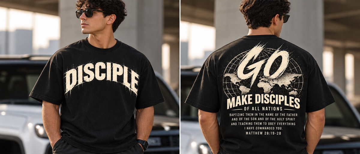 P&M Reserve DISCIPLE men's black tee with arched distressed front and GO Make Disciples back