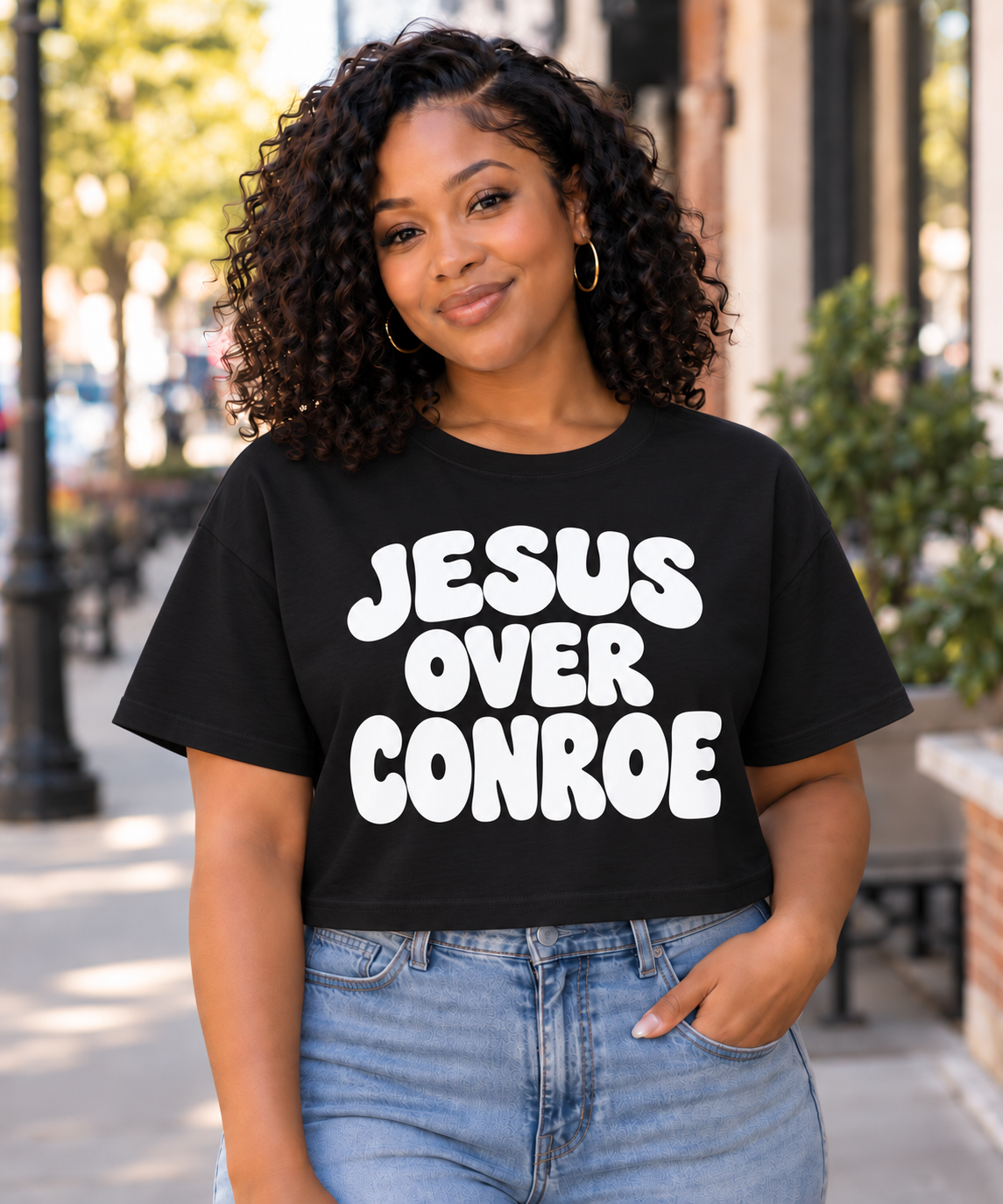 JESUS OVER CONROE white lettering on black Boxy Crop Tee