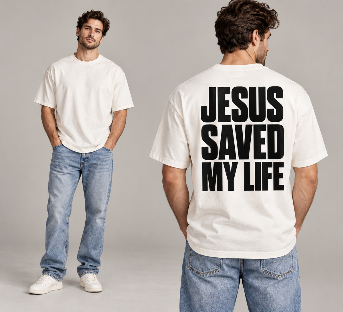 Classic white tee: blank front and black JESUS SAVED MY LIFE back print