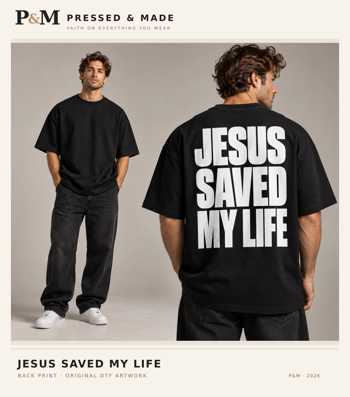 P&M branded JESUS SAVED MY LIFE back print model photo