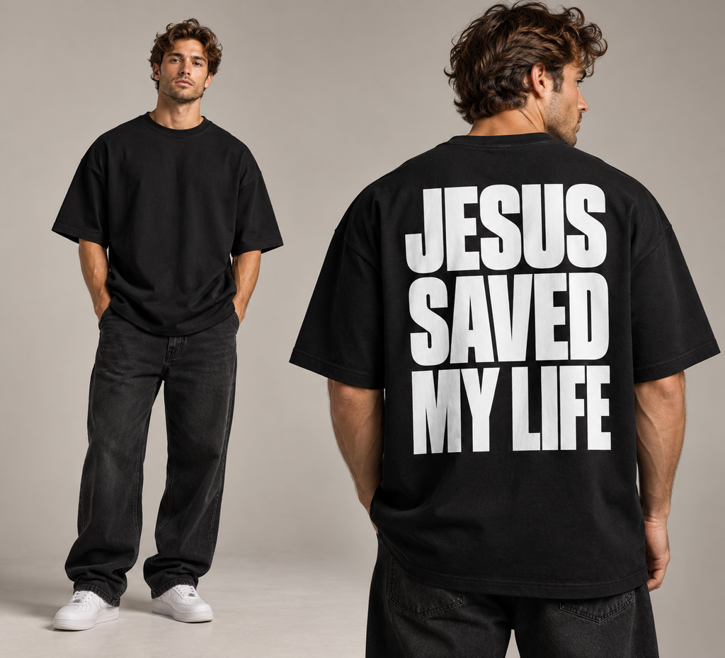 Reserve black tee: blank front and white JESUS SAVED MY LIFE back print