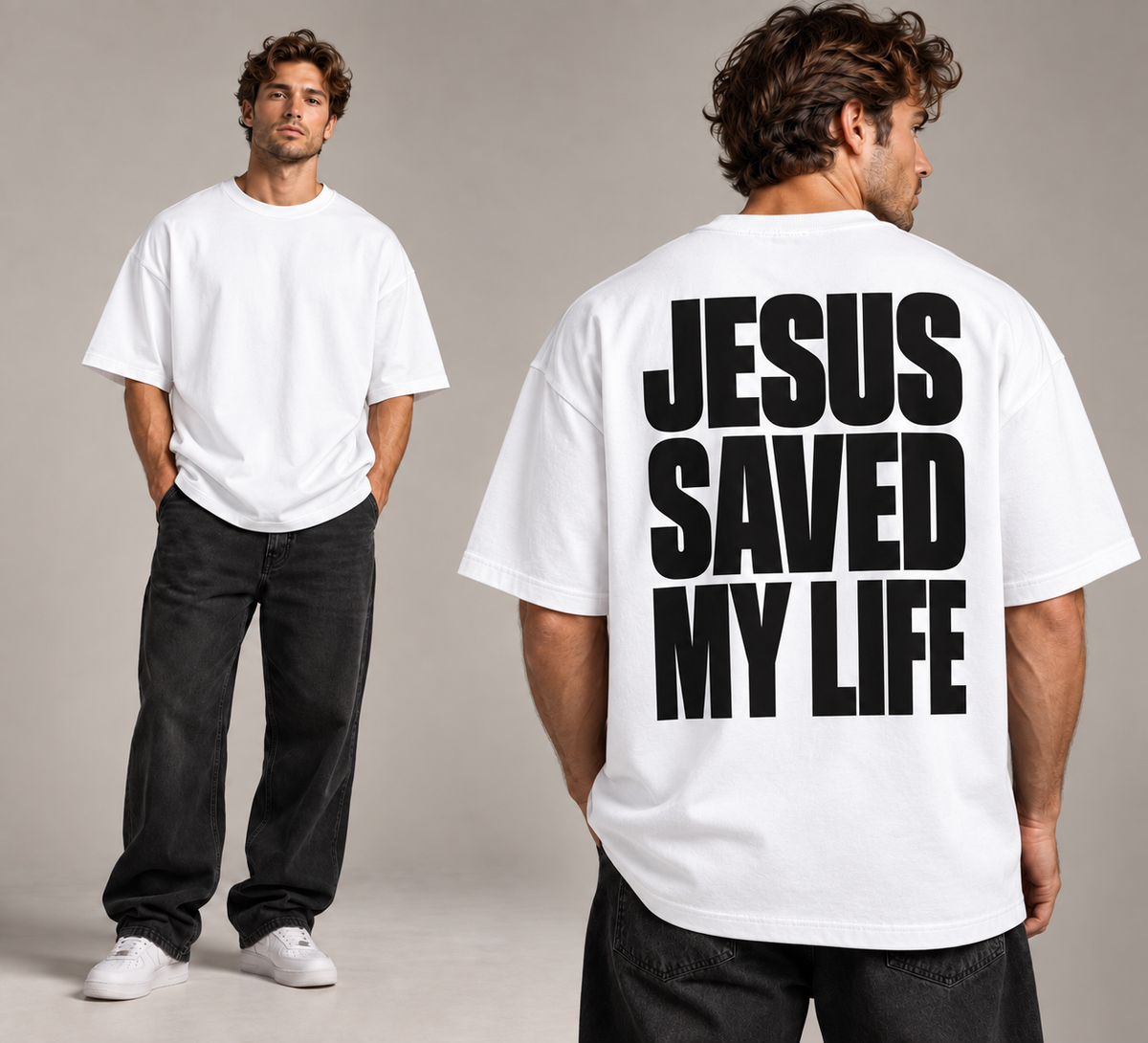 Reserve white tee: blank front and black JESUS SAVED MY LIFE back print