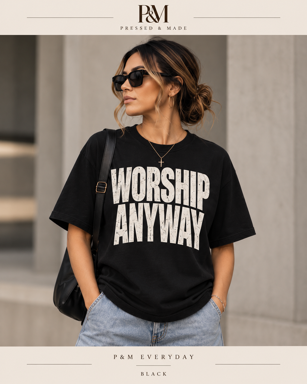 P&M Everyday black crewneck tee with distressed Worship Anyway front print