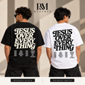Two men from behind in black and white P&M Reserve tees with smooth JESUS OVER EVERYTHING lettering and four text columns