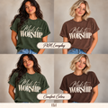 Made to Worship Earth Tones: distressed cream print on green and brown tees, two models, Everyday and Comfort Colors labels