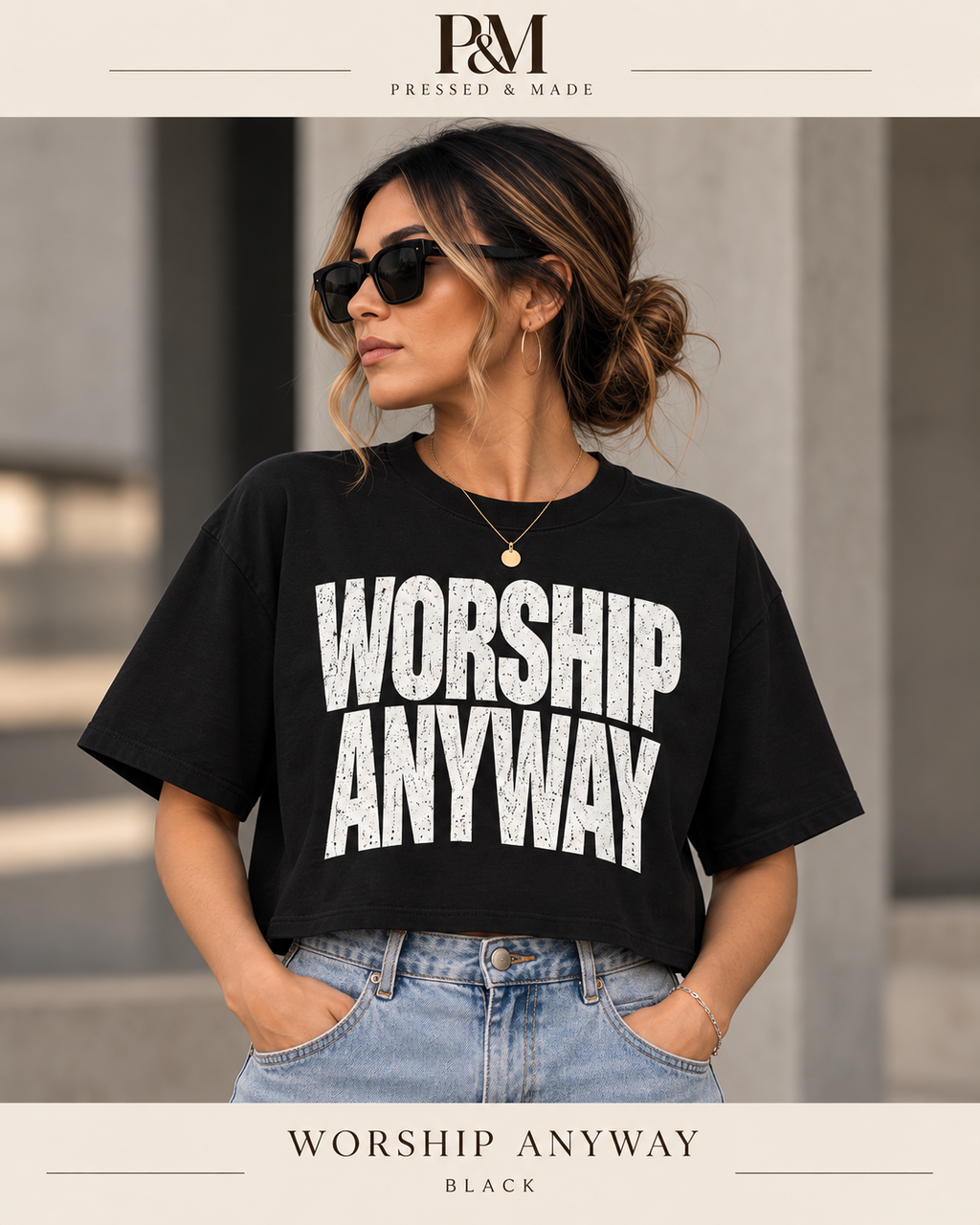 Worship Anyway Boxy in Black on a P&M product template