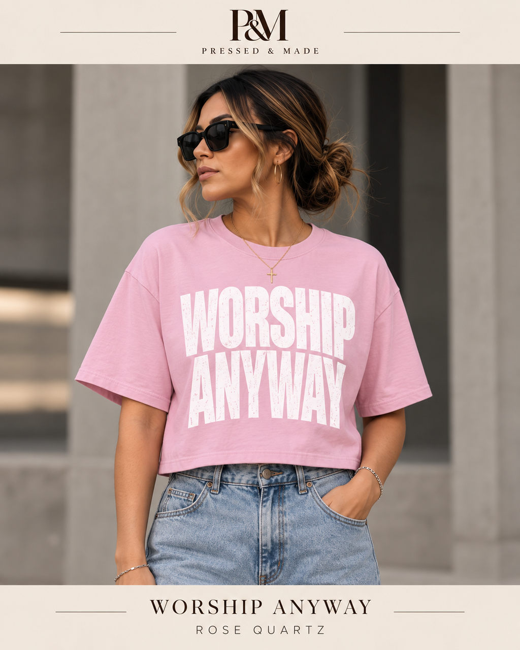 Worship Anyway Boxy in Rose Quartz pink on a P&M product template